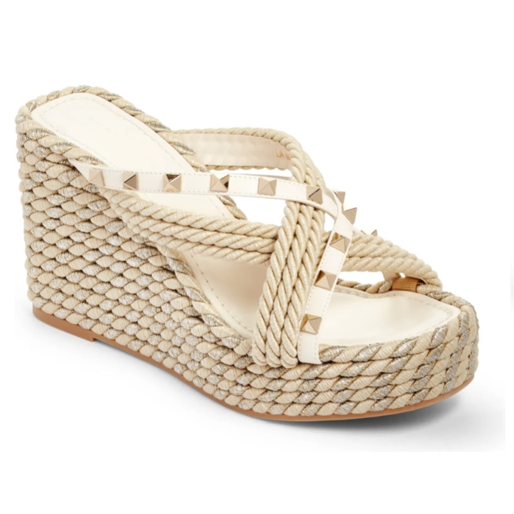 NIB $790 Valentino Rockstud Torchon Espadrille Wedge Sandal in Light Ivory - 11!